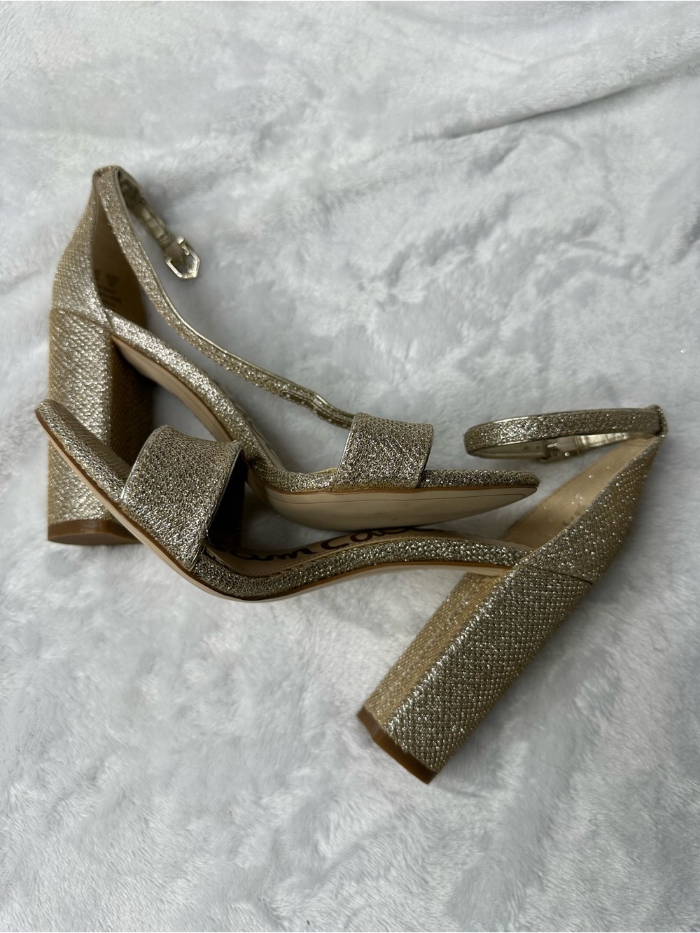 Sam Edelman Glitter Gold Block Heel Ankle Strap Sandals